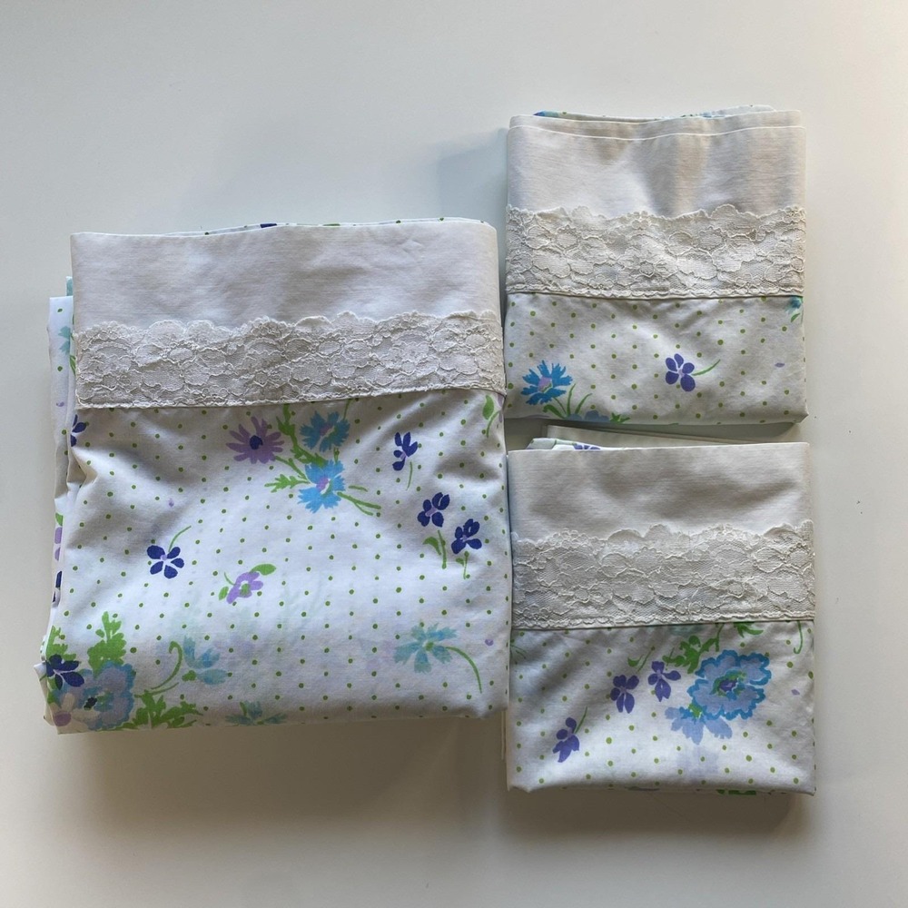 Vtg Martex Percale Full Flat Sheet Blue/Purple Flowers Lace Trim 2 Pillowcases